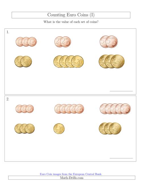 The Counting Small Collections of Euro Coins Sorted Version (No 1 or 2 Euro Coins) (I) Math Worksheet