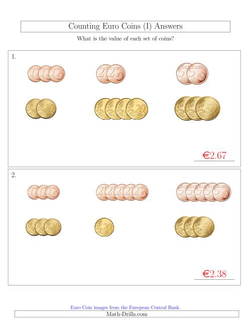 The Counting Small Collections of Euro Coins Sorted Version (No 1 or 2 Euro Coins) (I) Math Worksheet Page 2