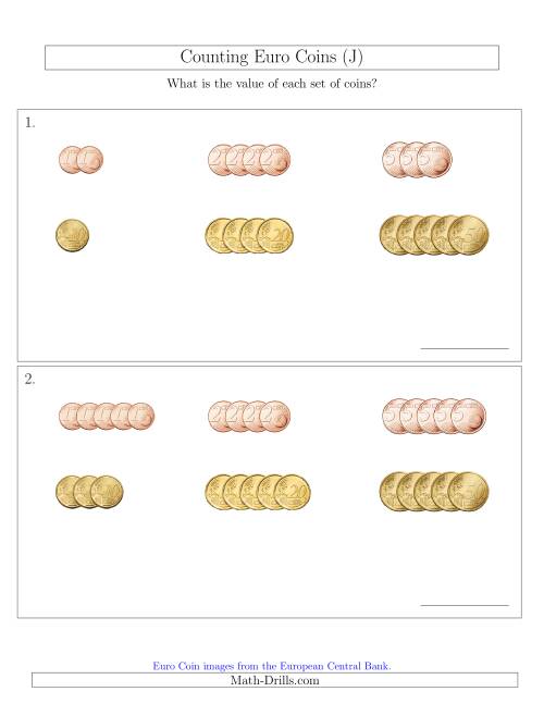 The Counting Small Collections of Euro Coins Sorted Version (No 1 or 2 Euro Coins) (J) Math Worksheet