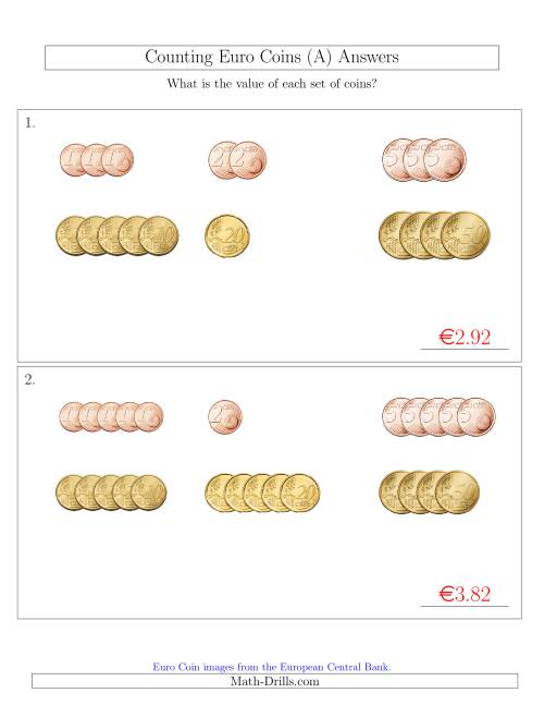 The Counting Small Collections of Euro Coins Sorted Version (No 1 or 2 Euro Coins) (All) Math Worksheet Page 2