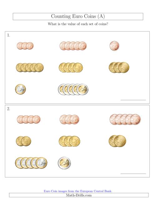 The Counting Small Collections of Euro Coins Sorted Version (A) Math Worksheet