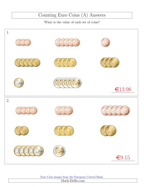 The Counting Small Collections of Euro Coins Sorted Version (A) Math Worksheet Page 2