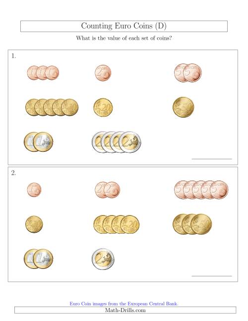 The Counting Small Collections of Euro Coins Sorted Version (D) Math Worksheet