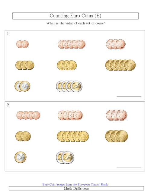 The Counting Small Collections of Euro Coins Sorted Version (E) Math Worksheet