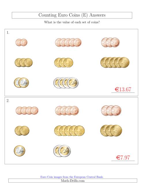 The Counting Small Collections of Euro Coins Sorted Version (E) Math Worksheet Page 2