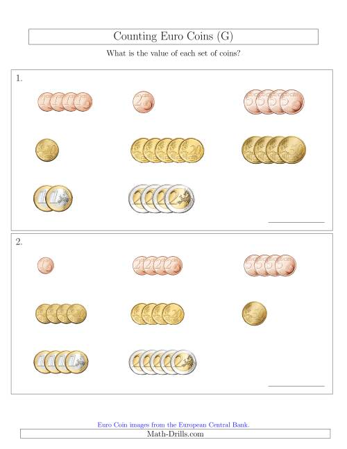 The Counting Small Collections of Euro Coins Sorted Version (G) Math Worksheet