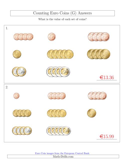 The Counting Small Collections of Euro Coins Sorted Version (G) Math Worksheet Page 2