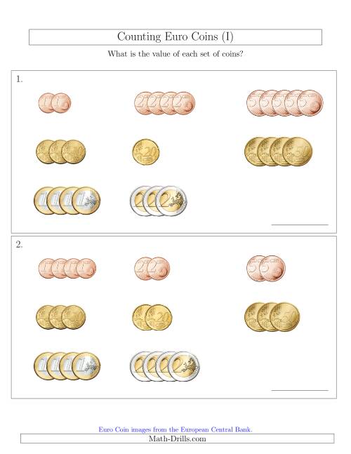 The Counting Small Collections of Euro Coins Sorted Version (I) Math Worksheet
