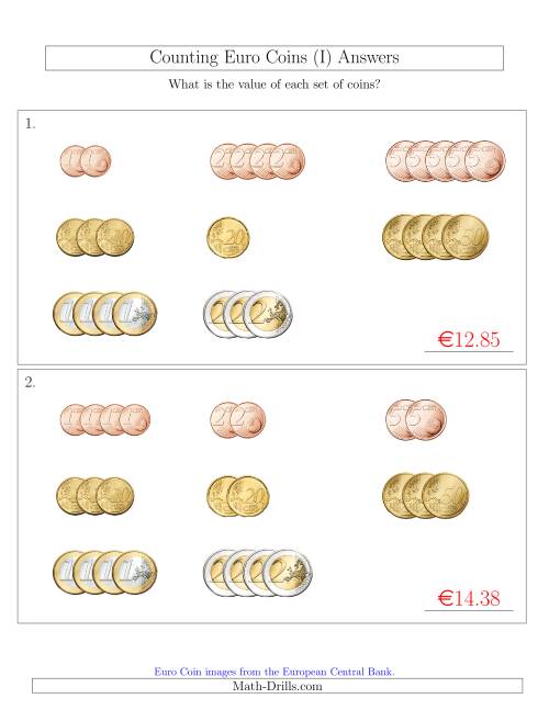 The Counting Small Collections of Euro Coins Sorted Version (I) Math Worksheet Page 2