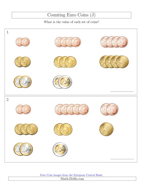 The Counting Small Collections of Euro Coins Sorted Version (J) Math Worksheet