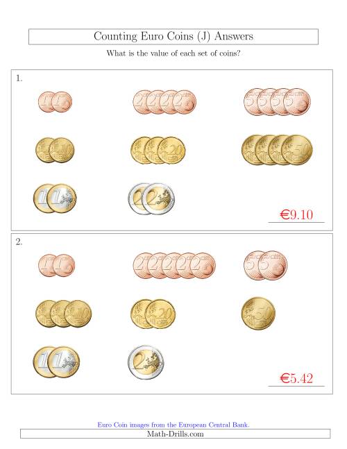 The Counting Small Collections of Euro Coins Sorted Version (J) Math Worksheet Page 2