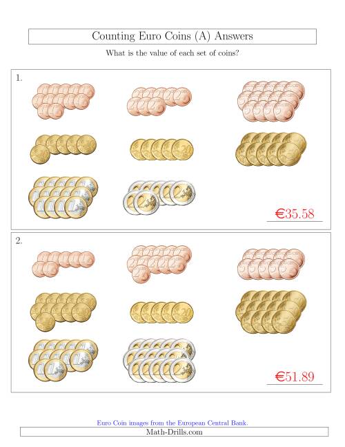 The Counting Euro Coins Sorted Version (A) Math Worksheet Page 2