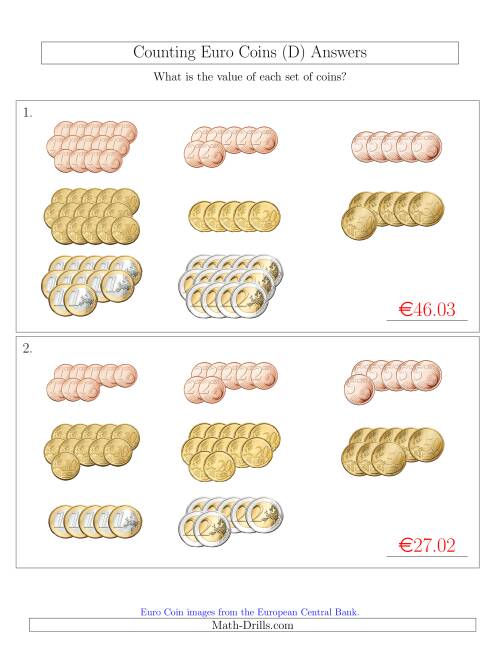 The Counting Euro Coins Sorted Version (D) Math Worksheet Page 2
