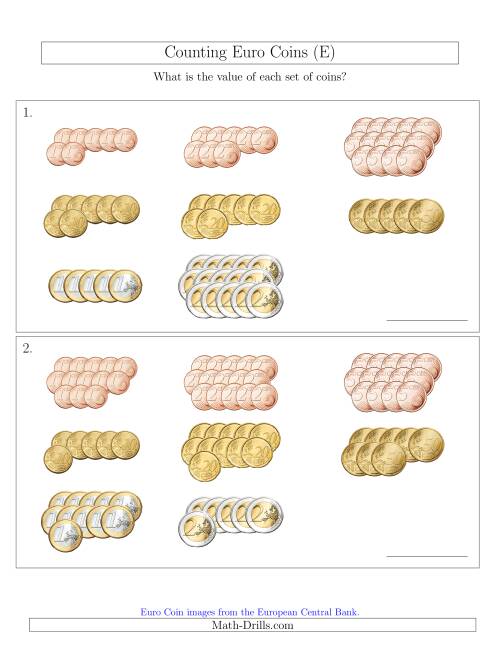 The Counting Euro Coins Sorted Version (E) Math Worksheet