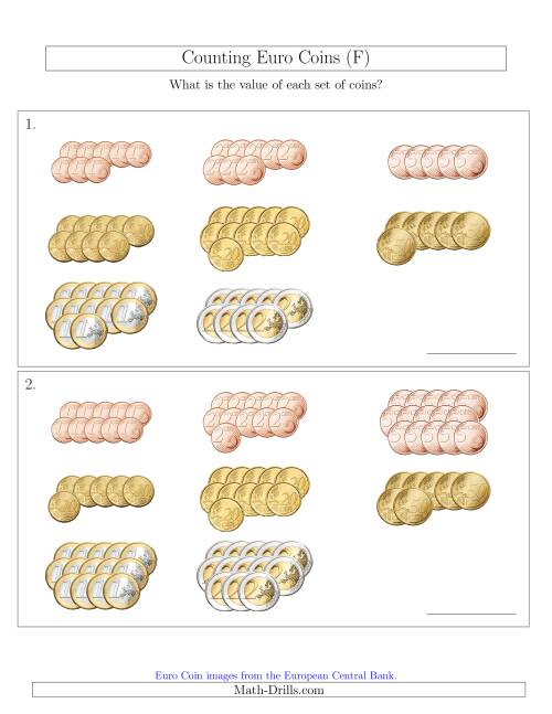The Counting Euro Coins Sorted Version (F) Math Worksheet