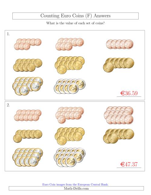 The Counting Euro Coins Sorted Version (F) Math Worksheet Page 2