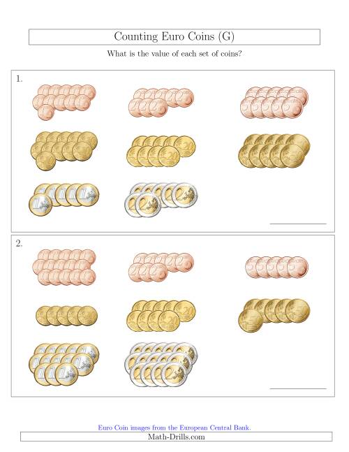 The Counting Euro Coins Sorted Version (G) Math Worksheet