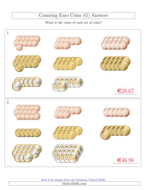 The Counting Euro Coins Sorted Version (G) Math Worksheet Page 2