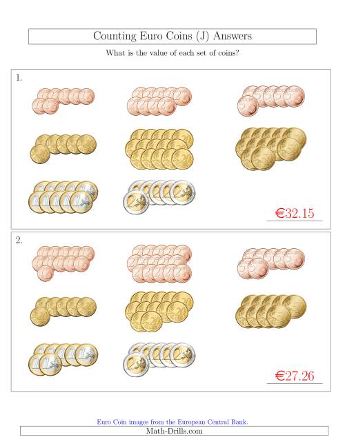The Counting Euro Coins Sorted Version (J) Math Worksheet Page 2
