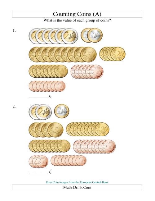 The Counting Euro Coins Sorted Version (Old) Math Worksheet