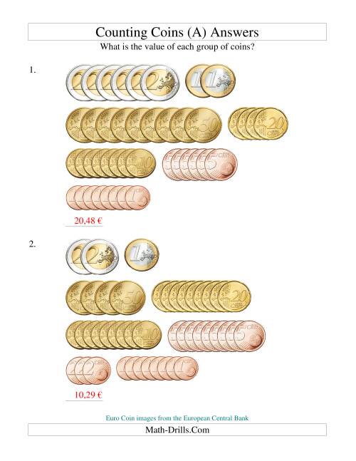 The Counting Euro Coins Sorted Version (Old) Math Worksheet Page 2