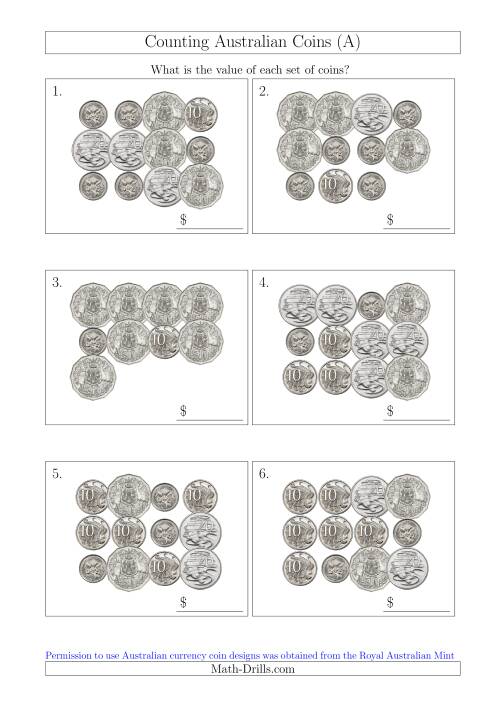 The Counting Australian Coins Without Dollar Coins (A) Math Worksheet