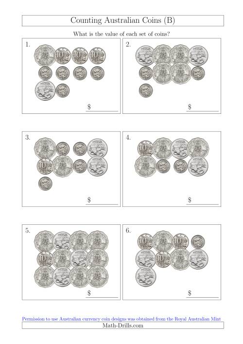 The Counting Australian Coins Without Dollar Coins (B) Math Worksheet