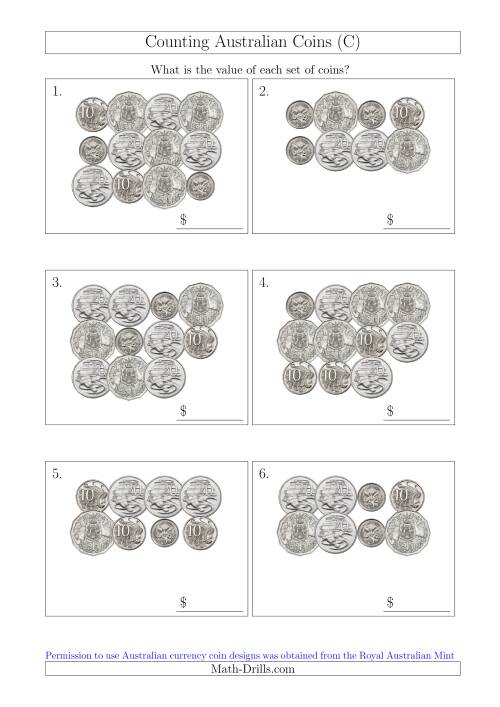 The Counting Australian Coins Without Dollar Coins (C) Math Worksheet