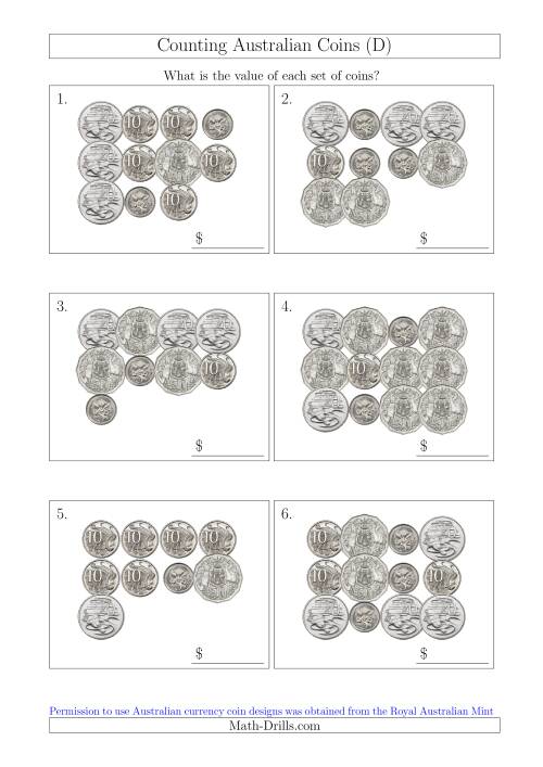 The Counting Australian Coins Without Dollar Coins (D) Math Worksheet