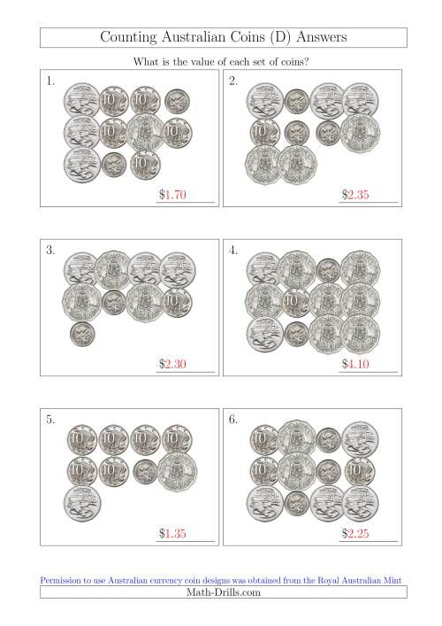 The Counting Australian Coins Without Dollar Coins (D) Math Worksheet Page 2