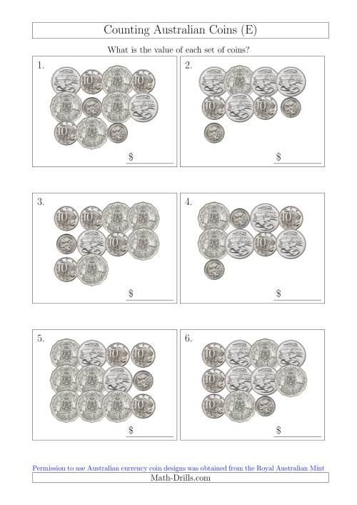 The Counting Australian Coins Without Dollar Coins (E) Math Worksheet