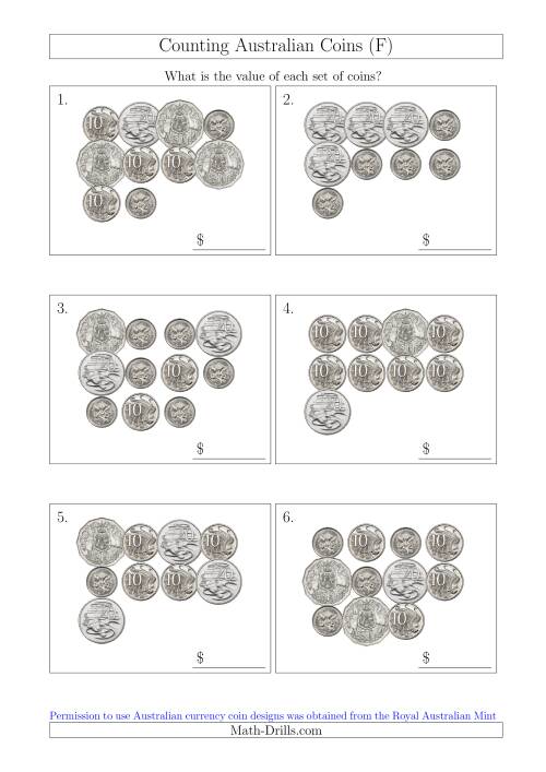 The Counting Australian Coins Without Dollar Coins (F) Math Worksheet