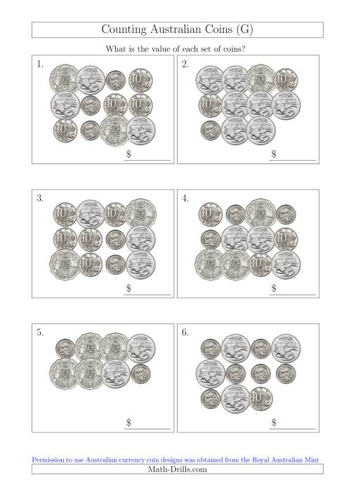 The Counting Australian Coins Without Dollar Coins (G) Math Worksheet
