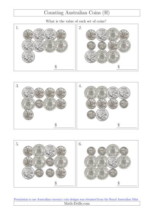 The Counting Australian Coins Without Dollar Coins (H) Math Worksheet