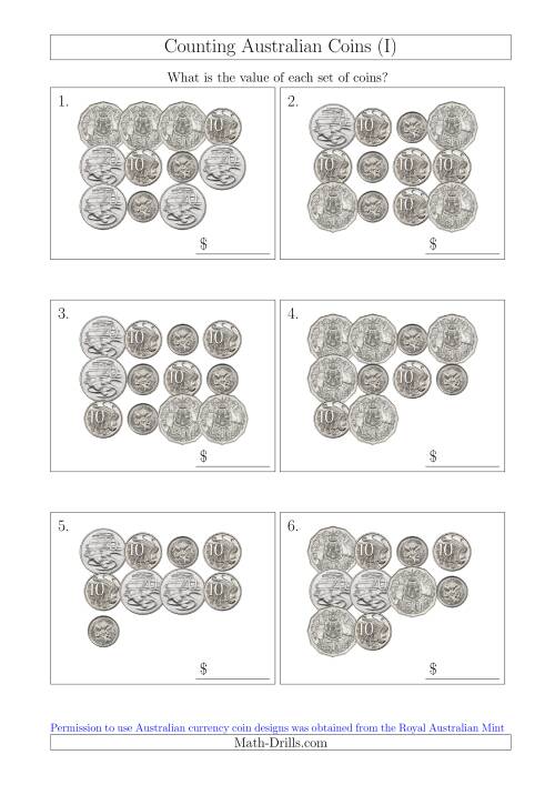 The Counting Australian Coins Without Dollar Coins (I) Math Worksheet