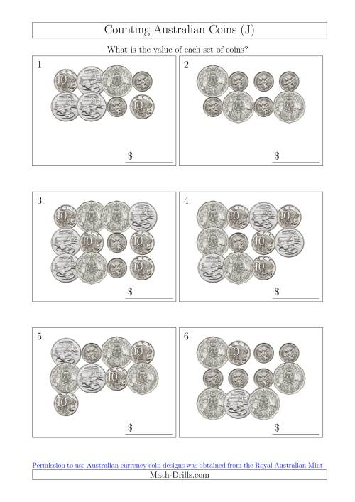 The Counting Australian Coins Without Dollar Coins (J) Math Worksheet
