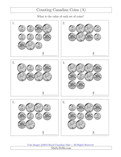 The Counting Canadian Coins Without Dollar Coins (A) Math Worksheet