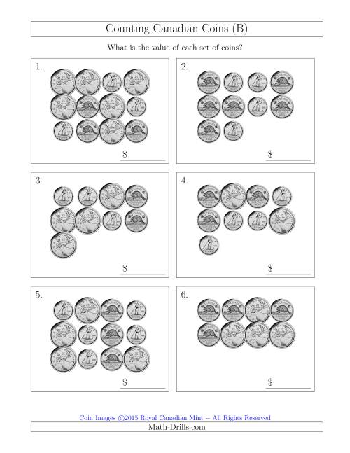 The Counting Canadian Coins Without Dollar Coins (B) Math Worksheet