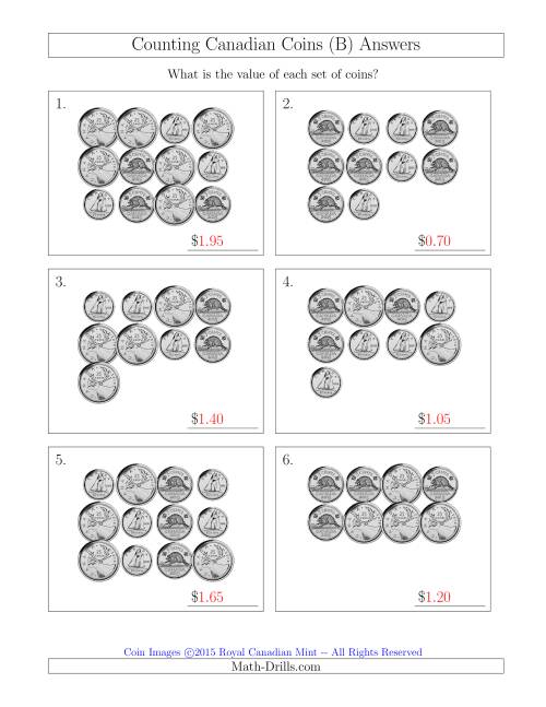 The Counting Canadian Coins Without Dollar Coins (B) Math Worksheet Page 2