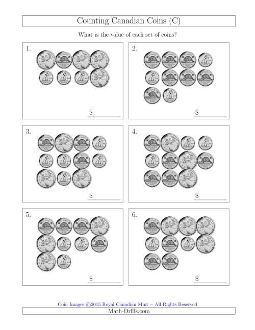 The Counting Canadian Coins Without Dollar Coins (C) Math Worksheet