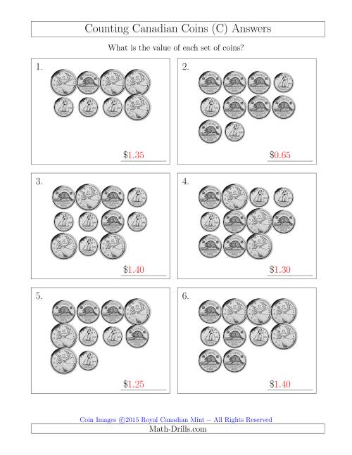 The Counting Canadian Coins Without Dollar Coins (C) Math Worksheet Page 2