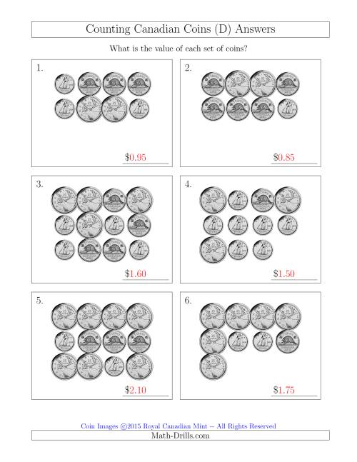 The Counting Canadian Coins Without Dollar Coins (D) Math Worksheet Page 2