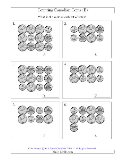 The Counting Canadian Coins Without Dollar Coins (E) Math Worksheet
