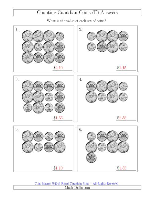 The Counting Canadian Coins Without Dollar Coins (E) Math Worksheet Page 2