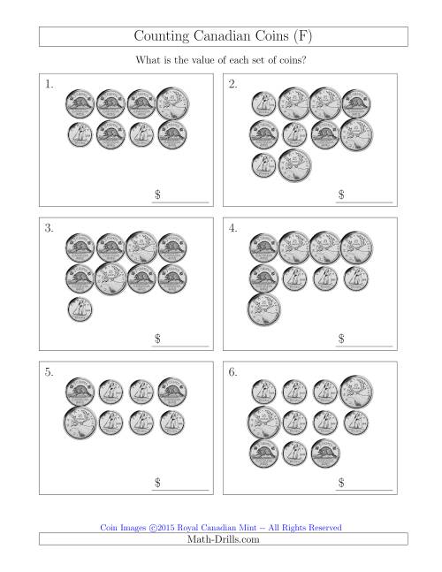 The Counting Canadian Coins Without Dollar Coins (F) Math Worksheet