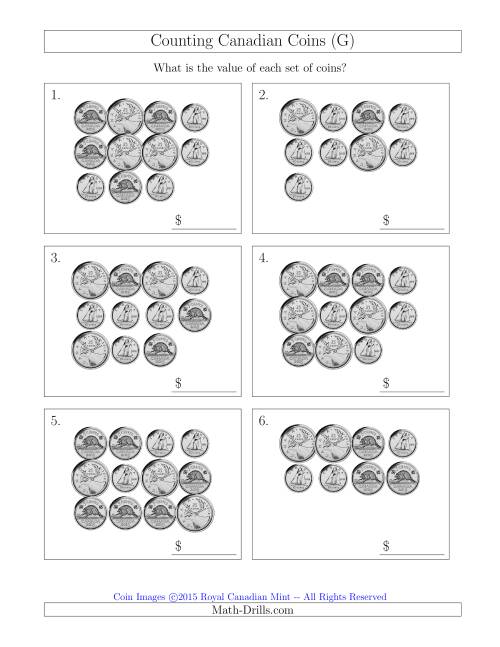 The Counting Canadian Coins Without Dollar Coins (G) Math Worksheet