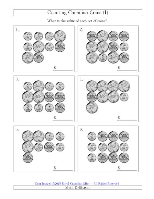 The Counting Canadian Coins Without Dollar Coins (I) Math Worksheet