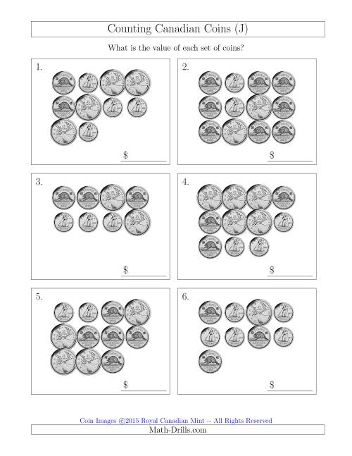 The Counting Canadian Coins Without Dollar Coins (J) Math Worksheet
