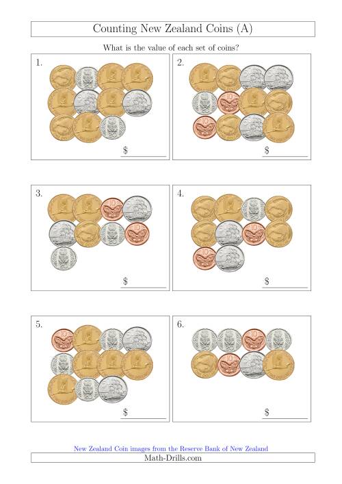 The Counting New Zealand Coins (A) Math Worksheet