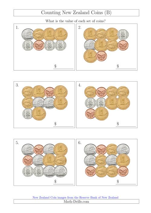 The Counting New Zealand Coins (B) Math Worksheet